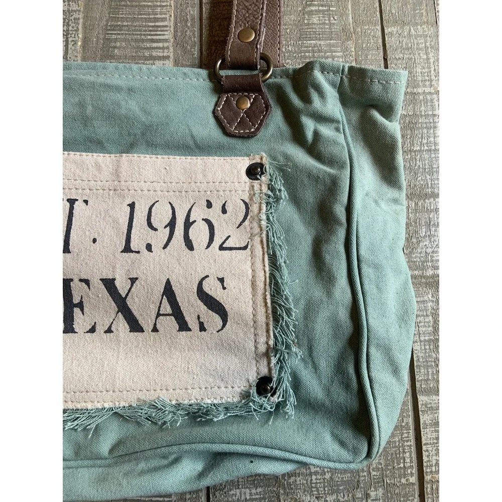 Myra Bag Small Turquoise Canvas Leather‎ Texas EST. 1962 Up-cycled Tote Handbag